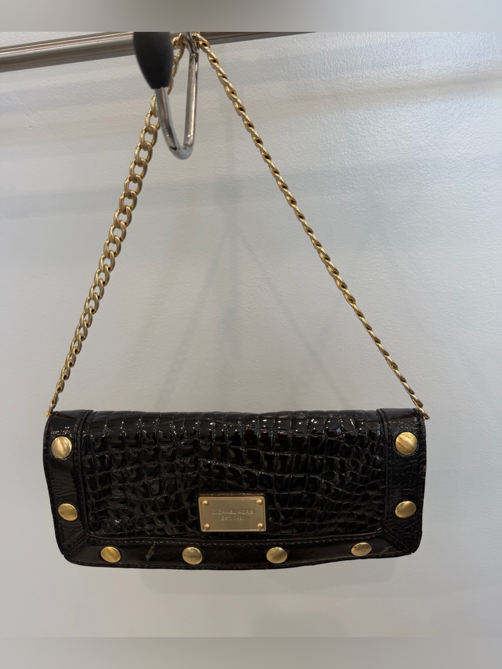 Michael Kors Black Croc-Embossed purse with Gold Chain